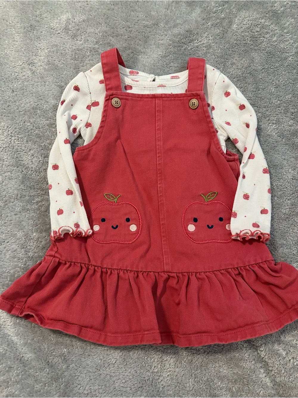 Little Me Red Apple Pinafore Overall Dress with White Apple Print Top